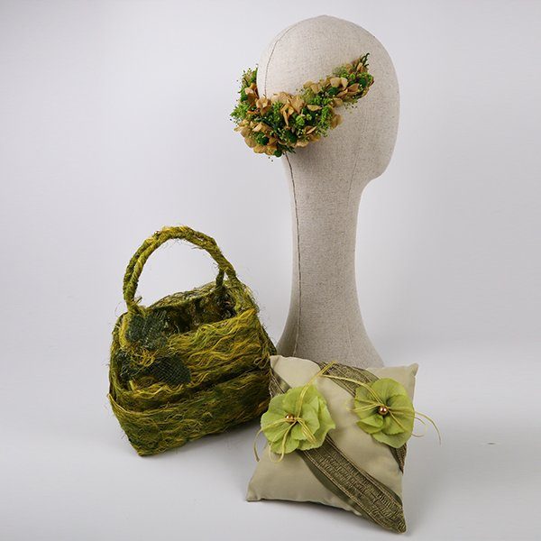 Tocado-Hortensia-Verde-Outlet,-Cojín-Anillo-Outlet,-Bolso-Verde